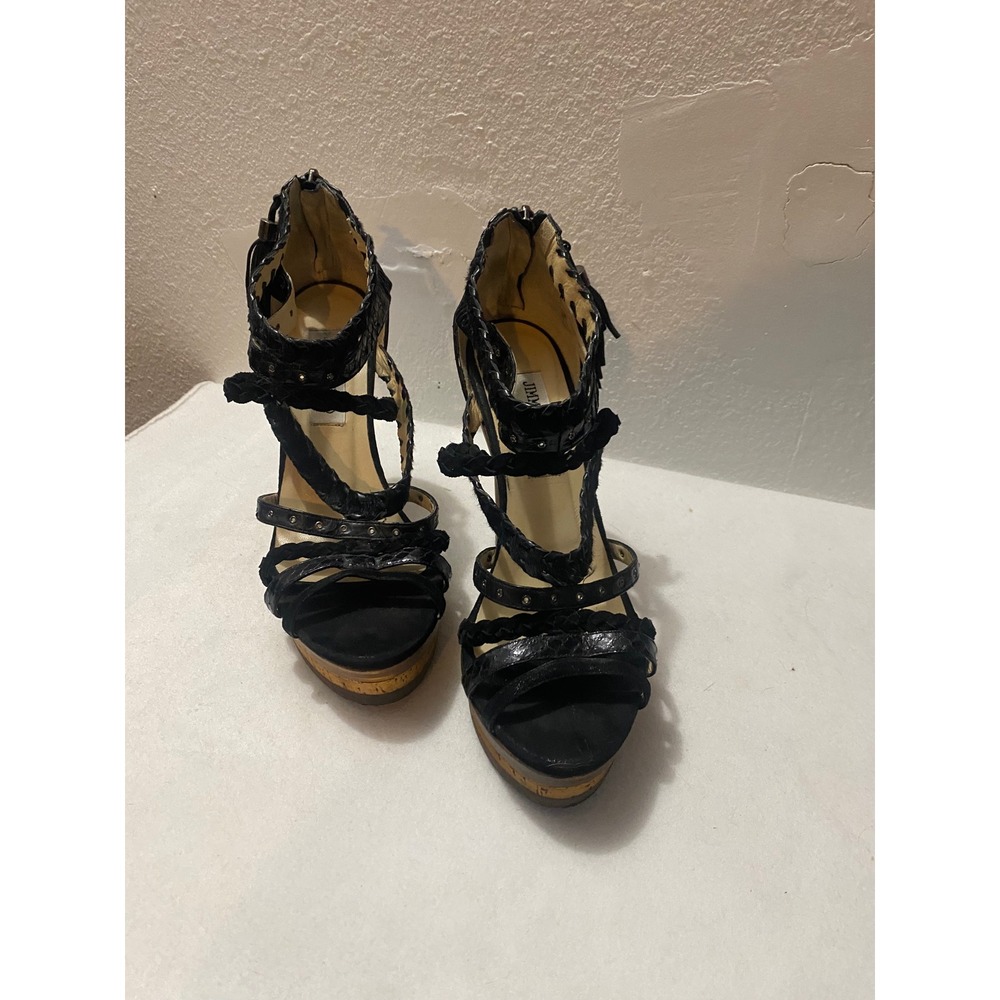 Jimmy Choo Black Leather Fringe Platform Heels Wooden Size 37.5 (US 7.5)